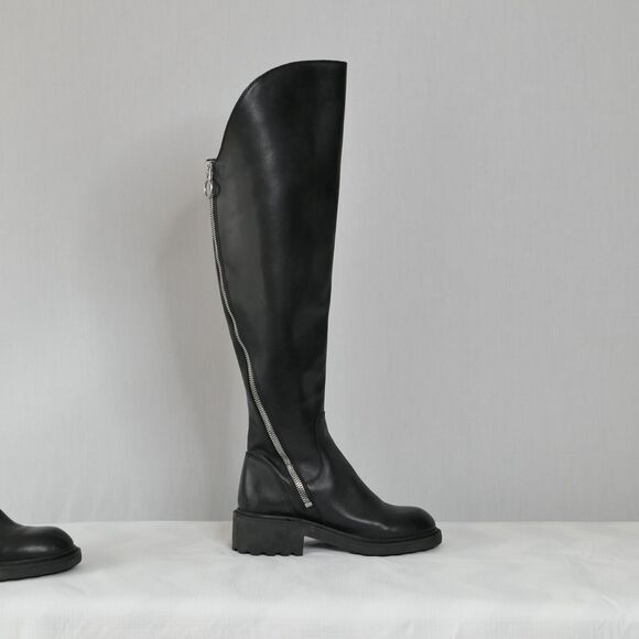 ASH Seven Black Leather Over-The-Knee Moto Boots Sz 37 US 7M 2 Zippers Lug Sole - Picture 9 of 10